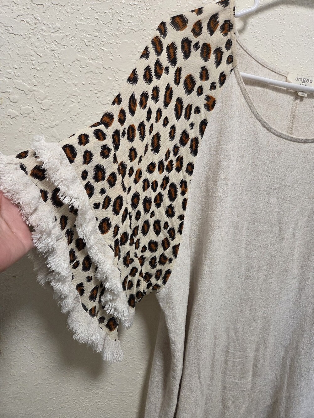 Umgee Cream Boho Tunic with Leopard Raglan Sleeves and Fringe - Picture 3 of 5